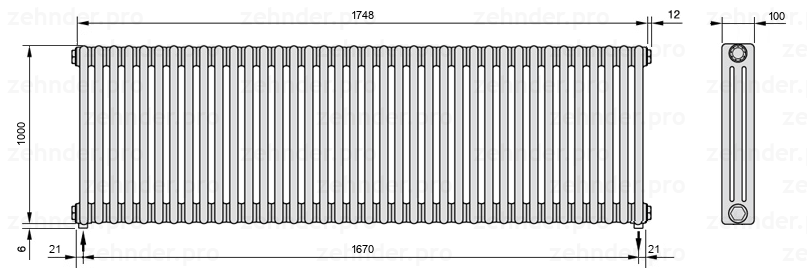 Схема (чертеж) Радиатор Zehnder Charleston 3100/38 №3570 Белый глянцевый RAL 9016